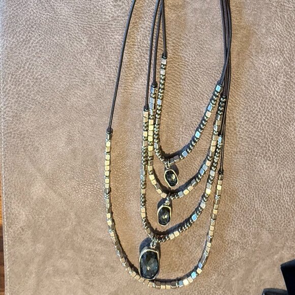 Vintage Uno de 50 Leather Silvertone Crystal Tiered Neckalce 22-32 inches - Picture 2 of 6